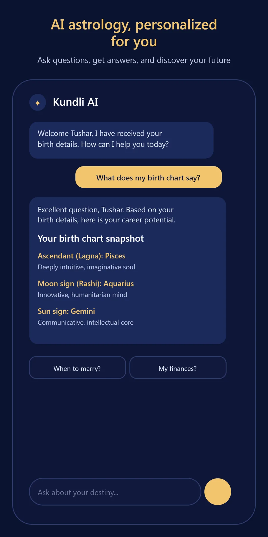 Kundli GPT welcome chat screen with suggested astrology questions