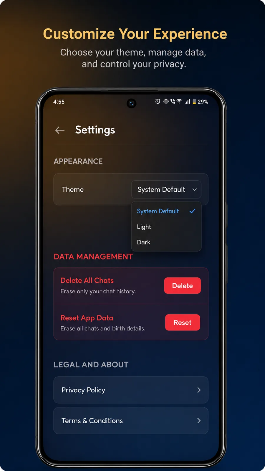 Kundli GPT settings screen showing data management and privacy controls